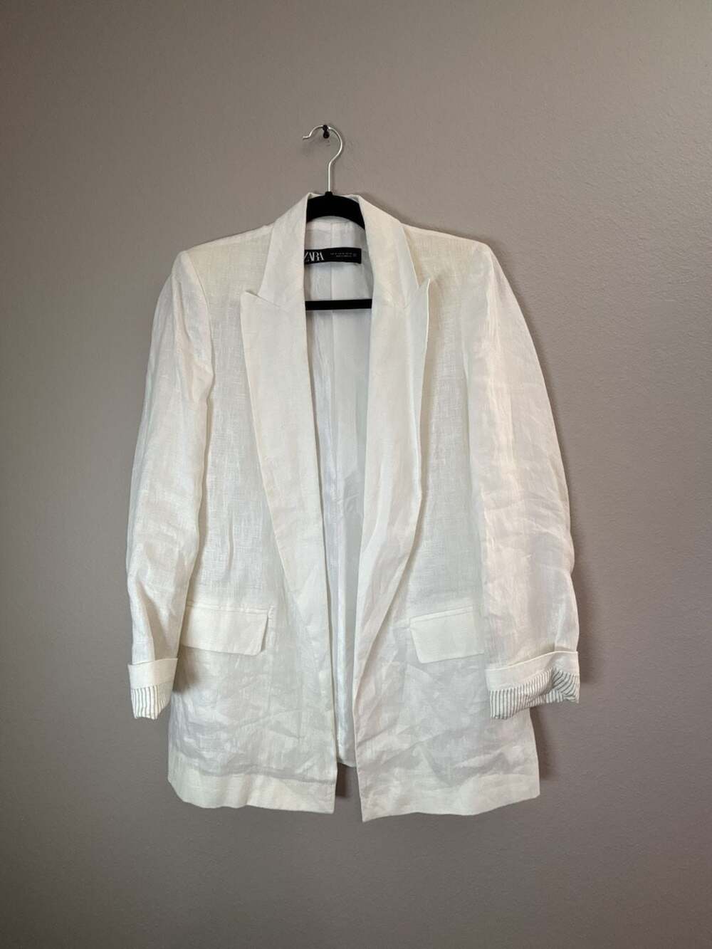 Zara Women's White Linen Blend Open-Front Blazer with Striped Cuffs XS